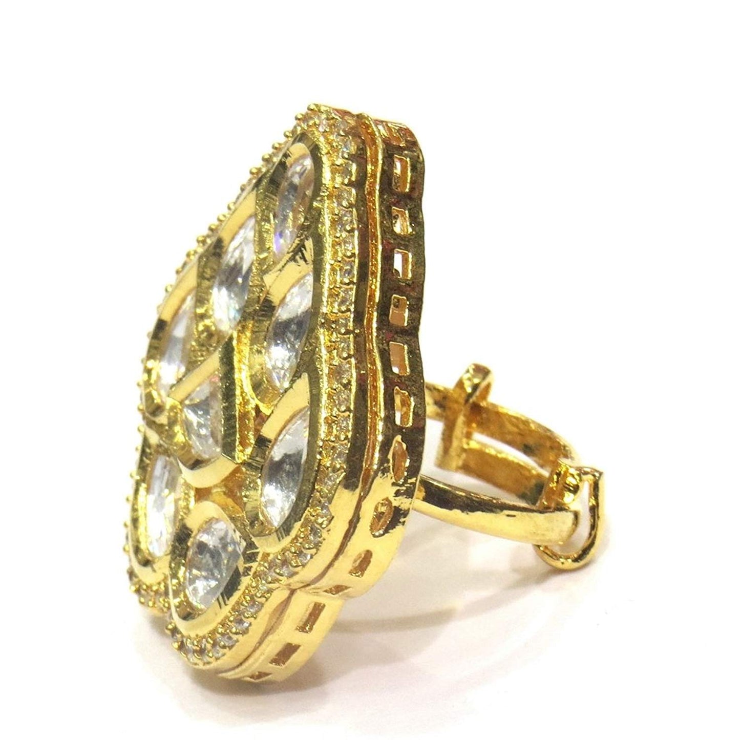 Jewelshingar Jewellery Gold Plated Kundan Cocktail Ring In Free Size For Women ( 20419-ring )