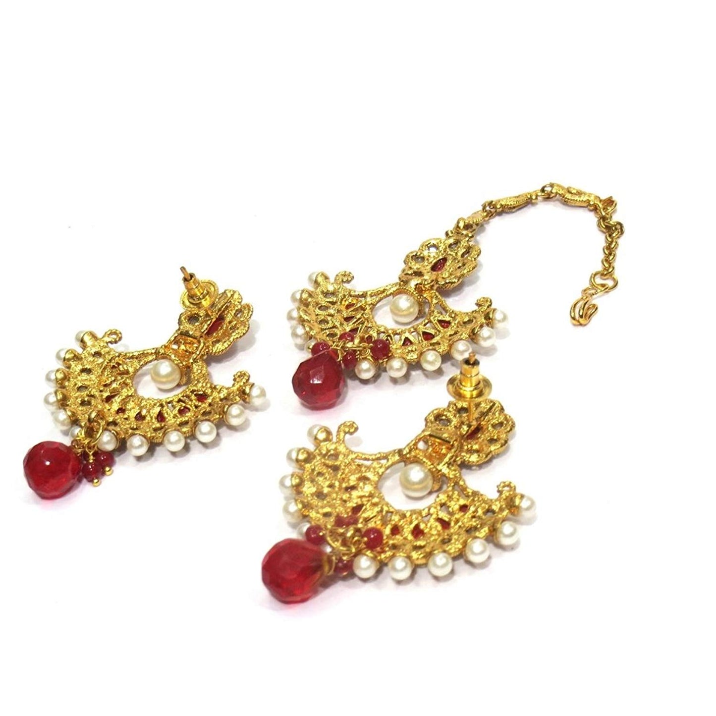 Jewelshingar Jewellery Antique Gold Plated / Polki / Kundan Earrings Maangtikka Set For Women ( 18555-mes-red )