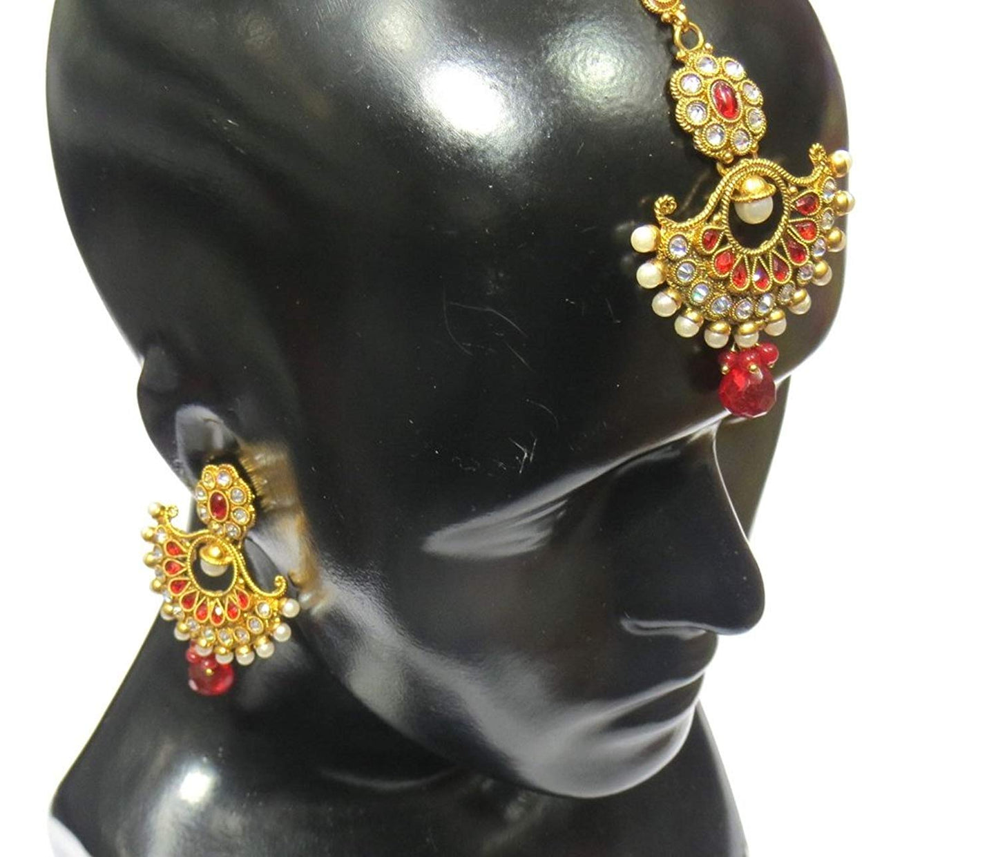 Jewelshingar Jewellery Antique Gold Plated / Polki / Kundan Earrings Maangtikka Set For Women ( 18555-mes-red )