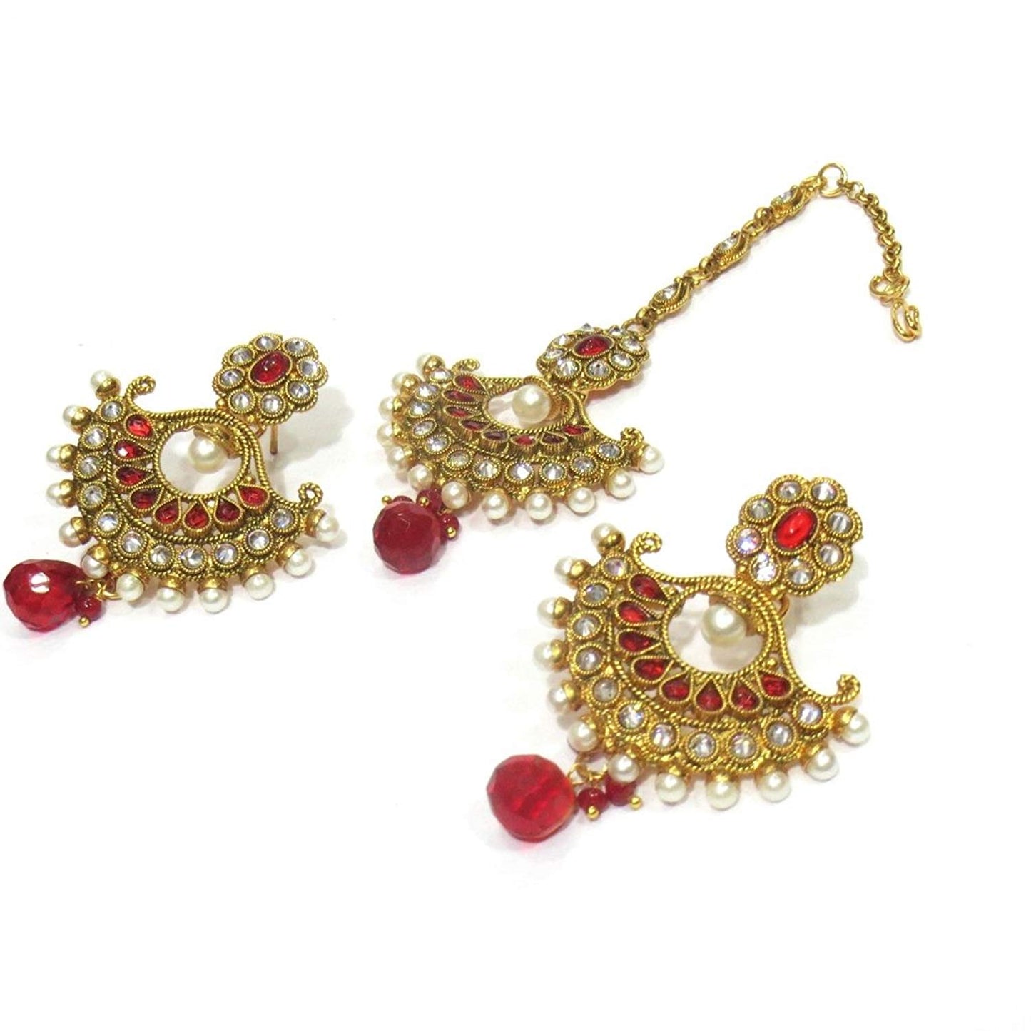 Jewelshingar Jewellery Antique Gold Plated / Polki / Kundan Earrings Maangtikka Set For Women ( 18555-mes-red )