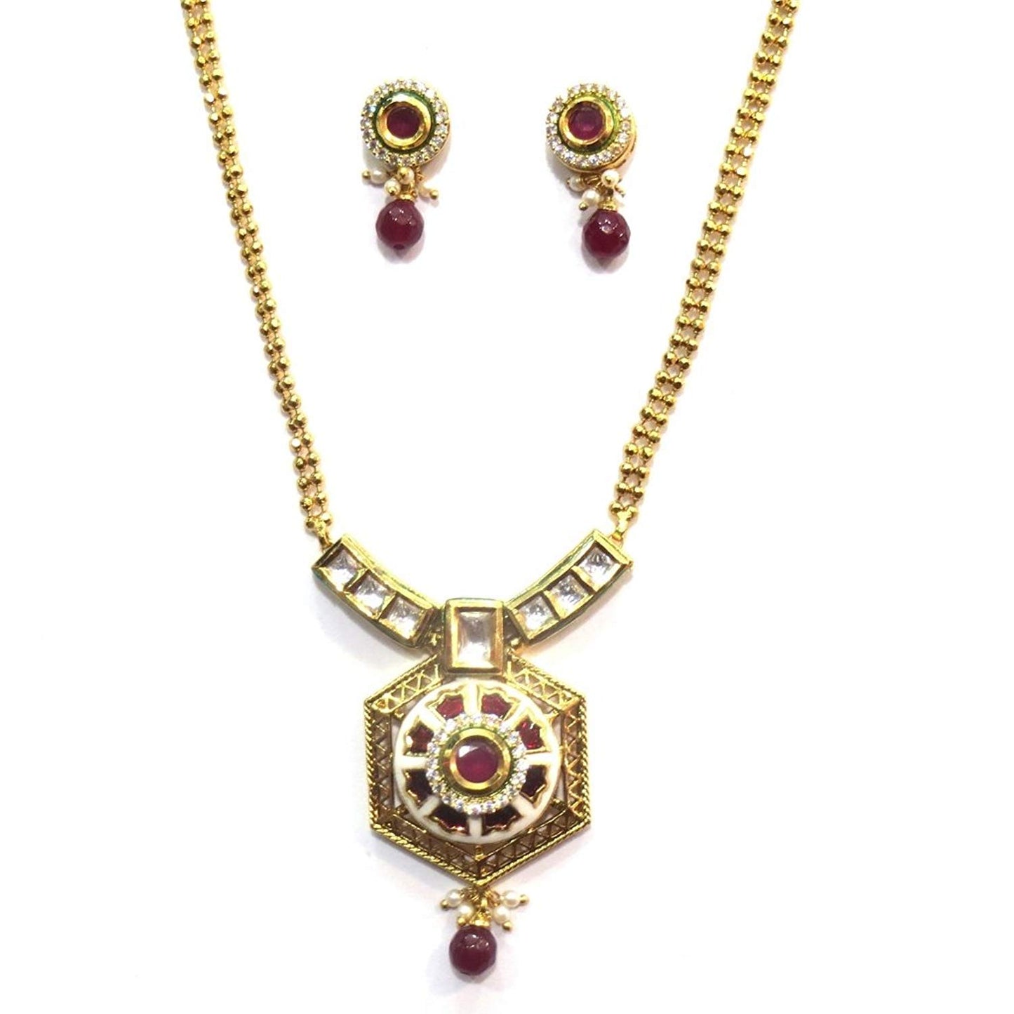 Jewelshingar Jewellery Antique Gold Plated Fine Polki Kundan Pendant Set For Girls ( 17488-acs-ruby )