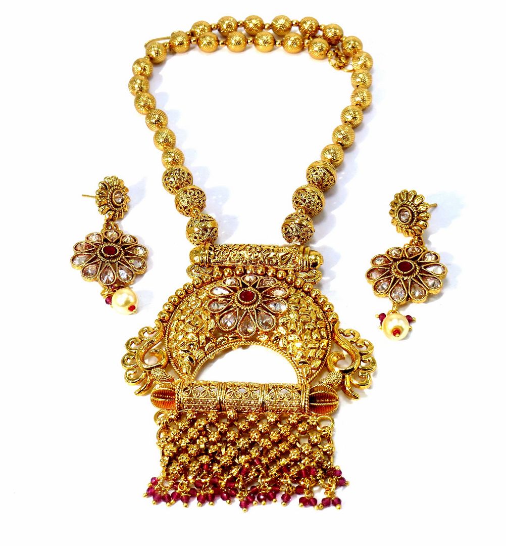 Jewelshingar Jewellery Fine Antique Polki Kundan Antique Plated Red Colour Necklace For Women ( 62053ASP )