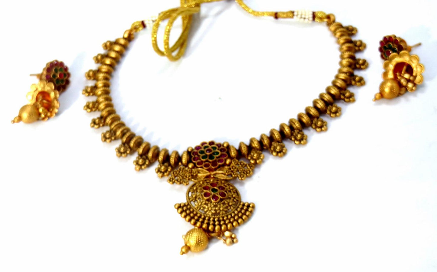 Jewelshingar Jewellery Fine Antique Polki Kundan Matte Gold Plated Multi Colour Necklace For Women ( 62113AST )