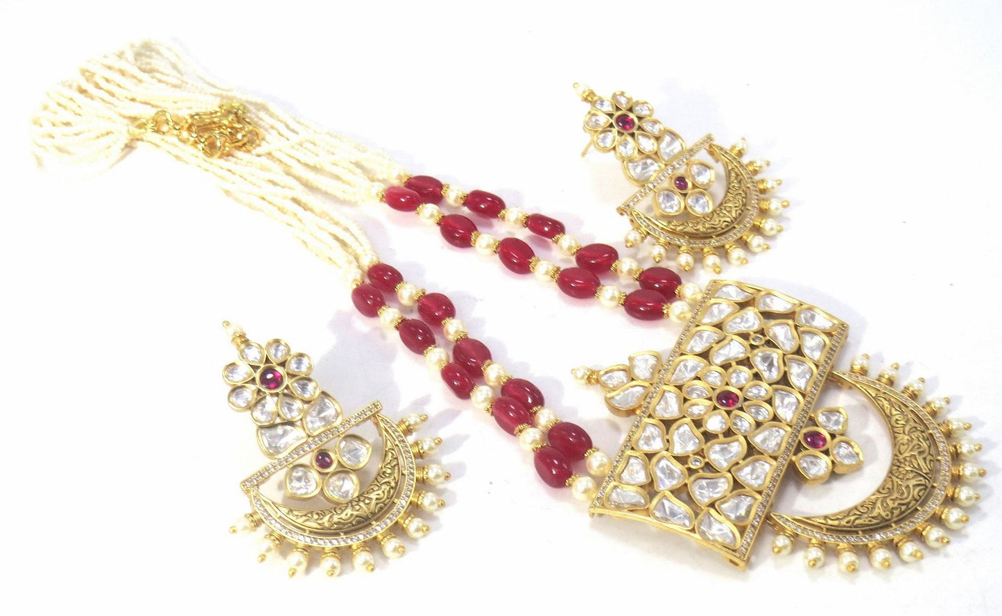 Jewelshingar Jewellery Fine Antique Polki Kundan Gold Plated Red Colour Necklace For Women ( 62127ASP )