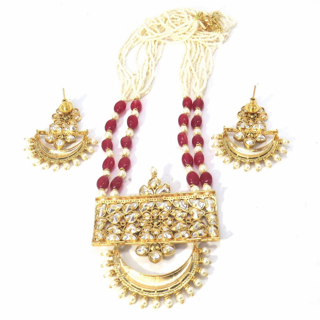 Jewelshingar Jewellery Fine Antique Polki Kundan Gold Plated Red Colour Necklace For Women ( 62127ASP )