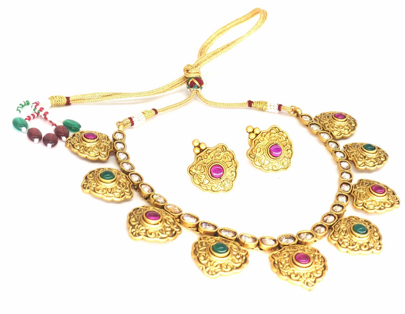 Jewelshingar Jewellery Fine Antique Polki Kundan Gold Plated Multi Colour Necklace For Women ( 62758AST )