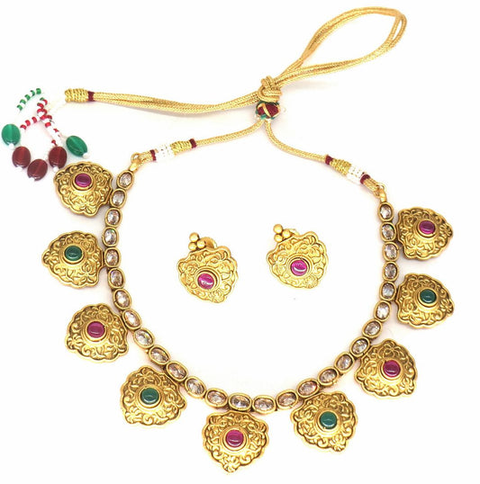 Jewelshingar Jewellery Fine Antique Polki Kundan Gold Plated Multi Colour Necklace For Women ( 62758AST )