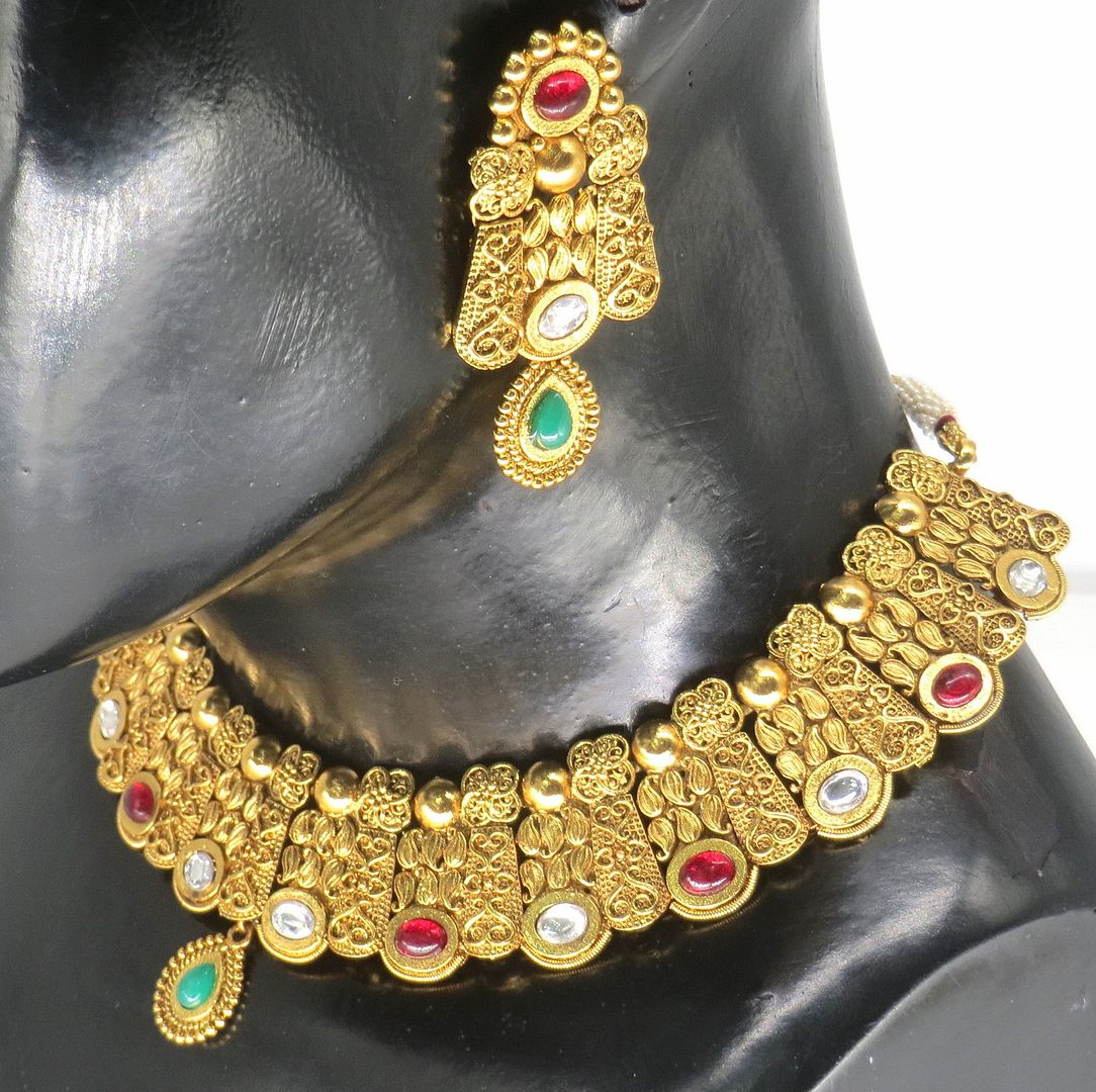 Jewelshingar Jewellery Fine Antique Polki Kundan Gold Plated Multi Colour Necklace For Women ( 62779AST )