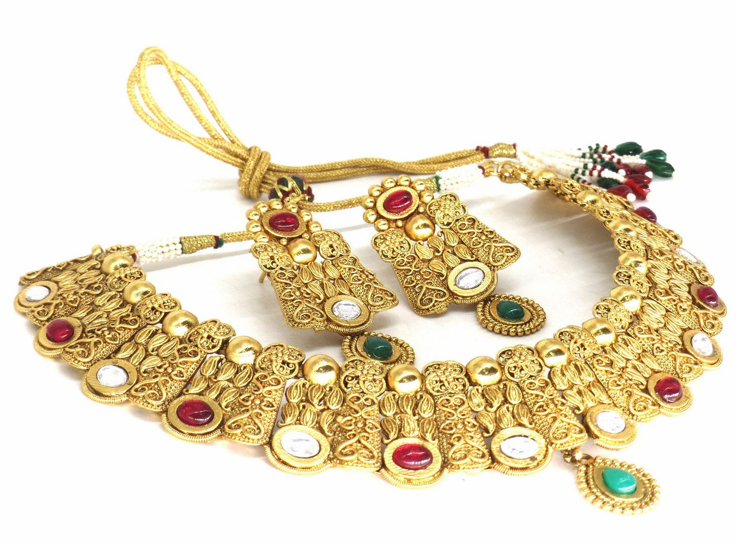 Jewelshingar Jewellery Fine Antique Polki Kundan Gold Plated Multi Colour Necklace For Women ( 62779AST )