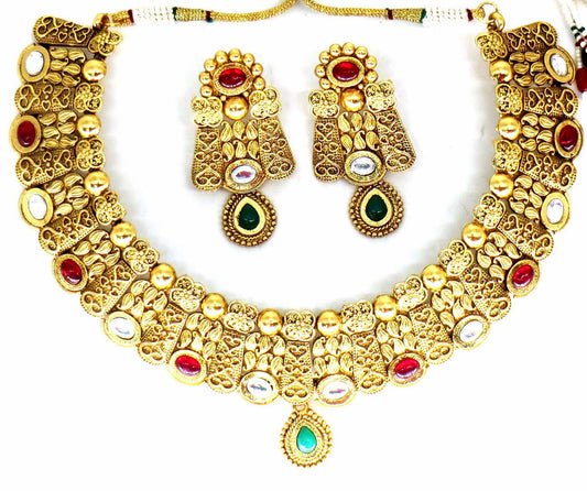 Jewelshingar Jewellery Fine Antique Polki Kundan Gold Plated Multi Colour Necklace For Women ( 62779AST )