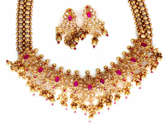 Jewelshingar Jewellery Fine Antique Polki Kundan Gold Plated Ruby Colour Necklace For Women ( 62794AST )