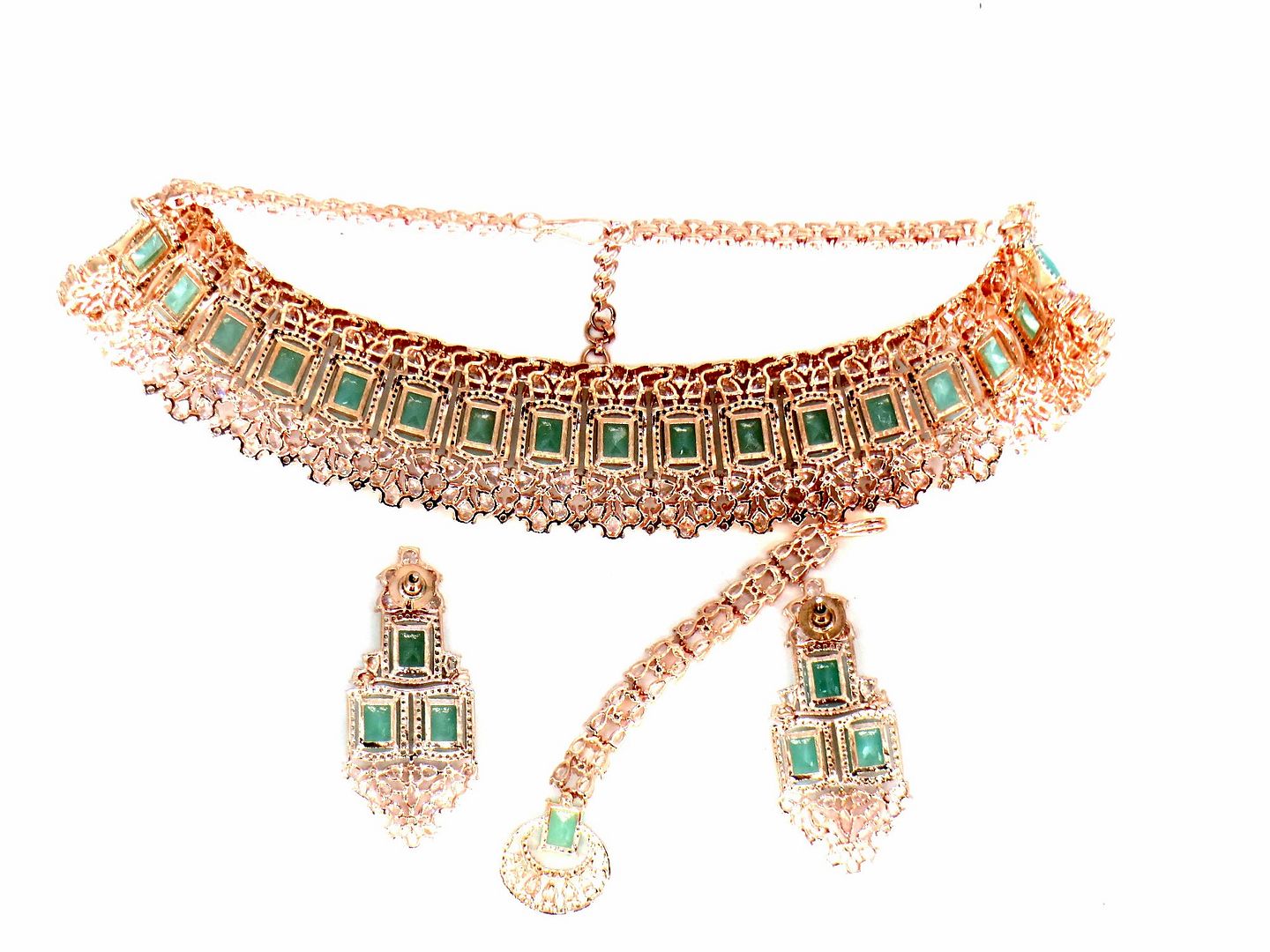 Jewelshingar Jewellery Fine Antique Polki Kundan RoseGold Plated Green Colour Necklace For Women ( 62857NAD )