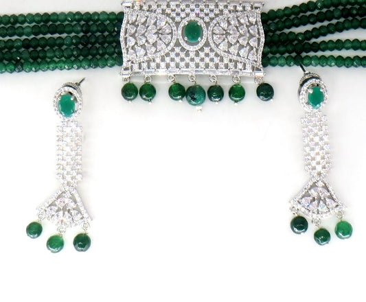 Jewelshingar Jewellery Fine Antique Polki Kundan Silver Plated Green Colour Necklace For Women ( 62917NAD )