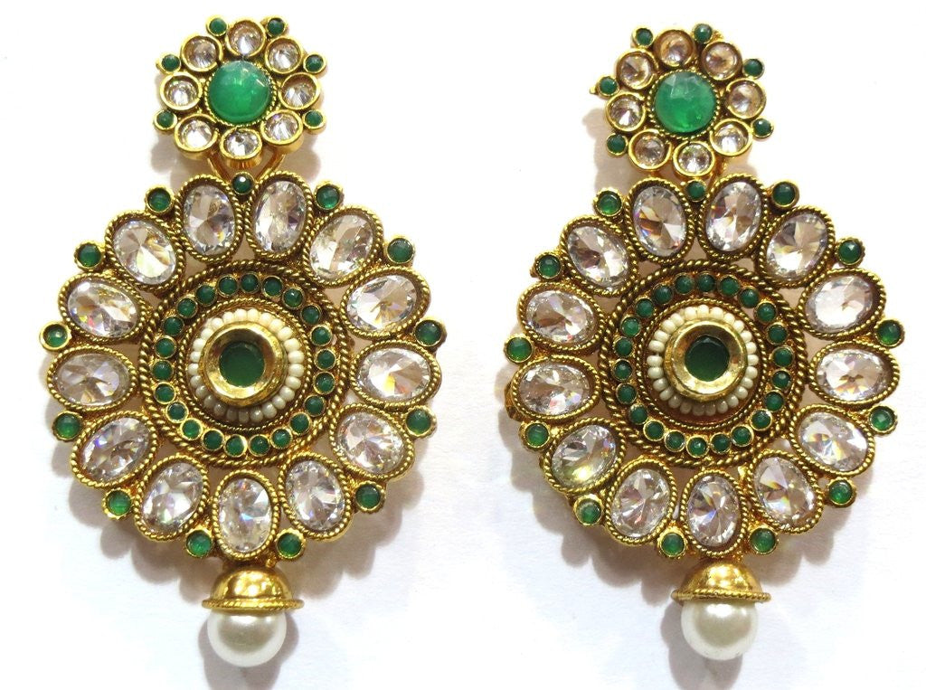 Jewelshingar Women's Antique Gold Plated Polki Kundan Moti Green Earrings Danglers Jhumki Jewellery ( 8232-pe-g ) - JEWELSHINGAR