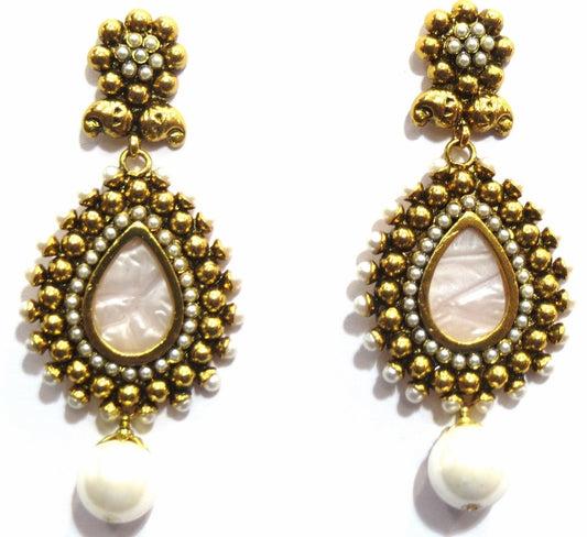 Jewelshingar Women's Antique Gold Plated Polki Earrings Danglers In White Colour Stone Jewellery ( 7308-pe-wh-1250-a ) - JEWELSHINGAR