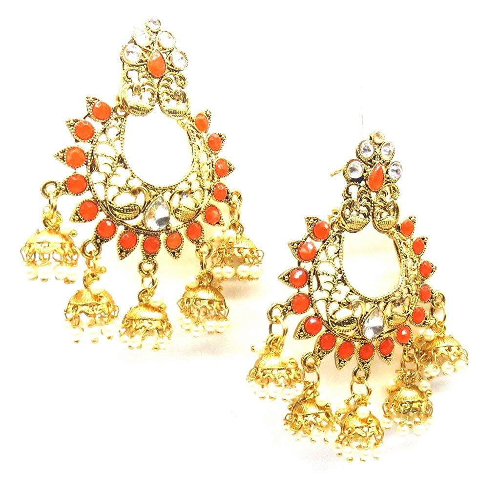 Jewelshingar Jewellery Antique Plated Orange Colour Earrings For Women (45031-pj)