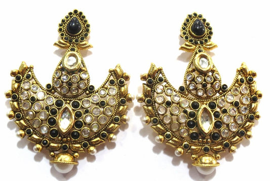 Jewelshingar Women's Antique Gold Plated Polki Kundan Black Colour Earrings Danglers Jhumki Jewellery ( 8345-pe-black ) - JEWELSHINGAR