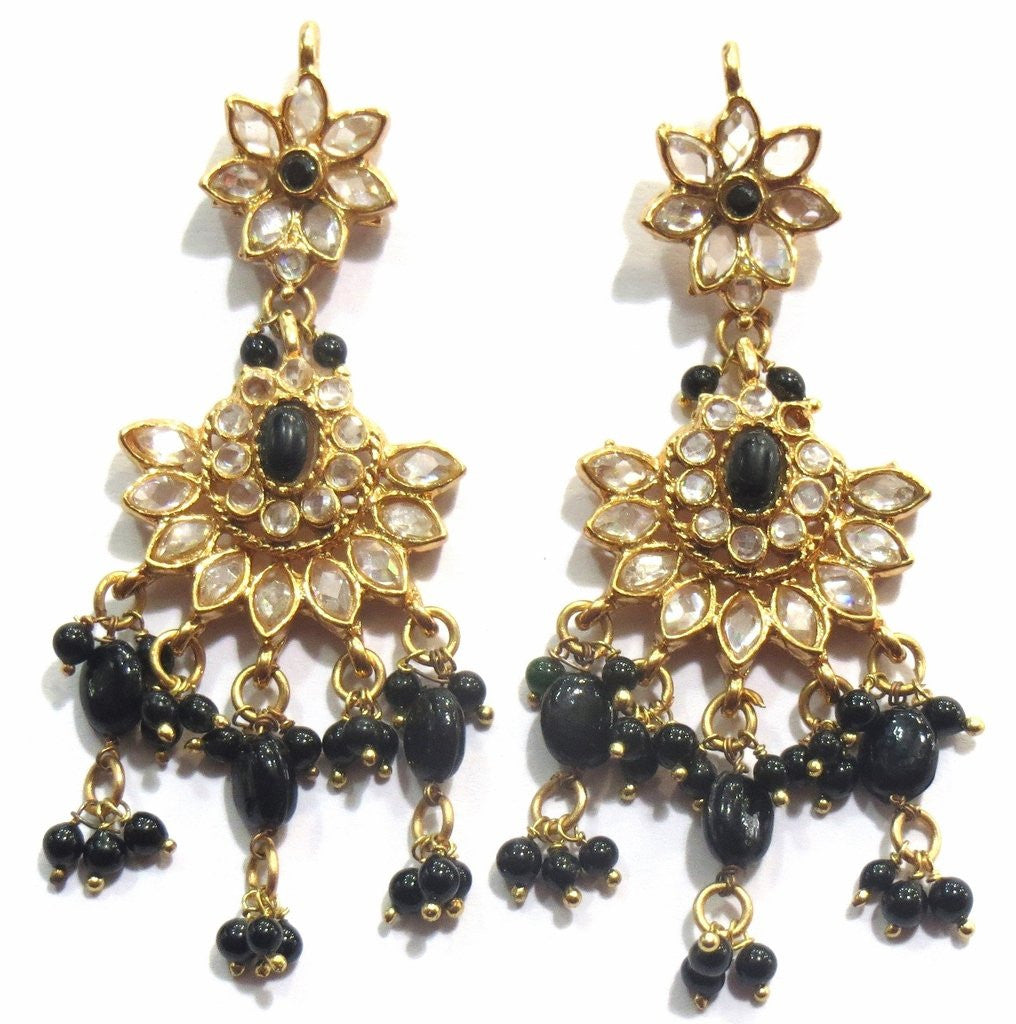 Jewelshingar Women's Antique Gold Plated Polki Kundan Black Colour Earrings Danglers Jhumki Jewellery ( 8337-pe-black ) - JEWELSHINGAR