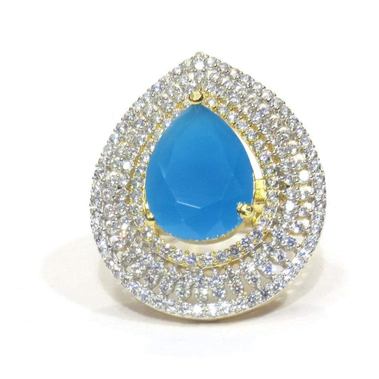 Jewelshingar Jewellery Gold Plated American Diamond Cocktail Ring In Free Size For Women ( 20452-ring-blue )