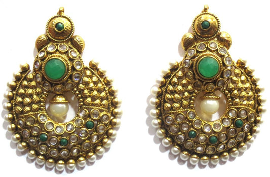 Jewelshingar Women's Antique Gold Plated Polki Kundan Moti Green Earrings Danglers Jhumki Jewellery ( 8230-pe-g ) - JEWELSHINGAR