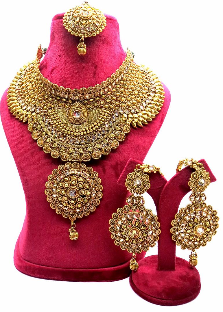 Jewelshingar Jewellery Antique Plated Semi Bridal Choker Necklace With Earrings And Maangtikka For Women ( 92049NEM )