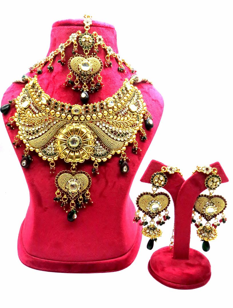 Jewelshingar Jewellery Antique Plated Semi Bridal Choker Necklace With Earrings And Maangtikka For Women ( 92053NEM )