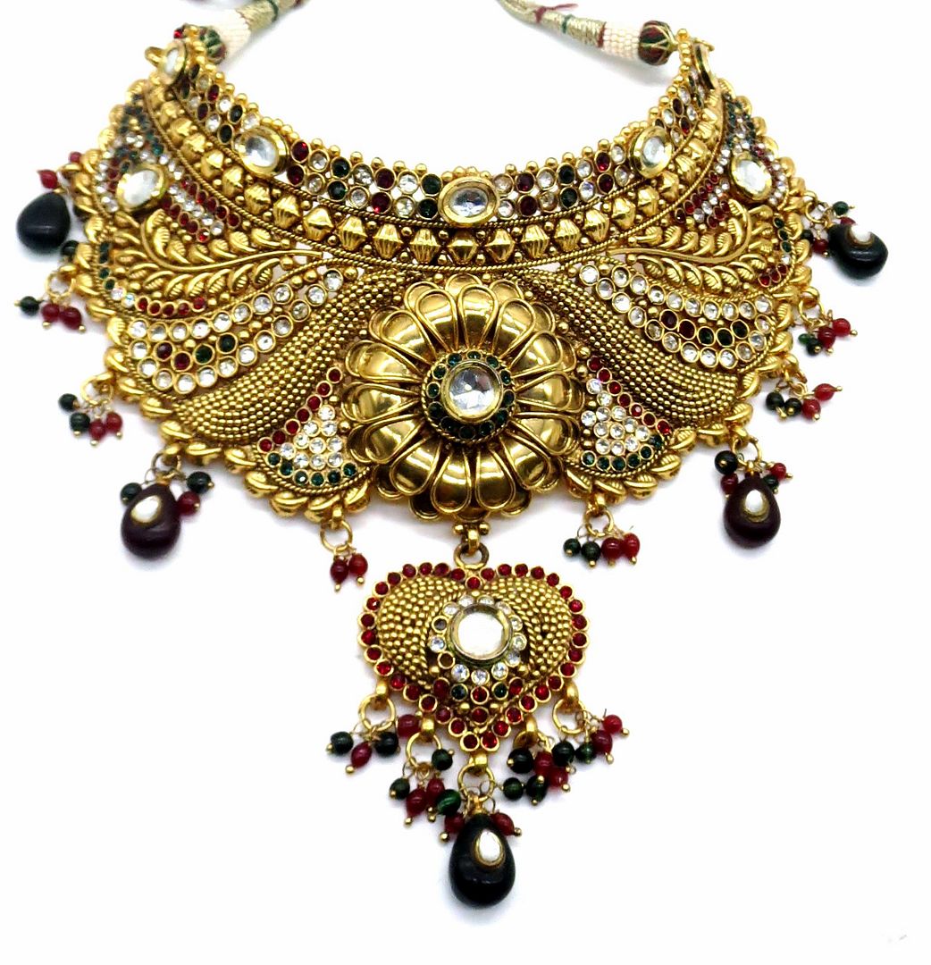 Jewelshingar Jewellery Antique Plated Semi Bridal Choker Necklace With Earrings And Maangtikka For Women ( 92053NEM )