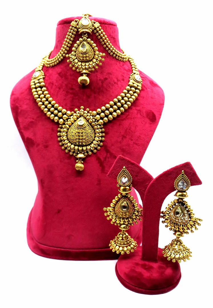 Jewelshingar Jewellery Antique Plated Semi Bridal Choker Necklace With Earrings And Maangtikka For Women ( 92073NEM )