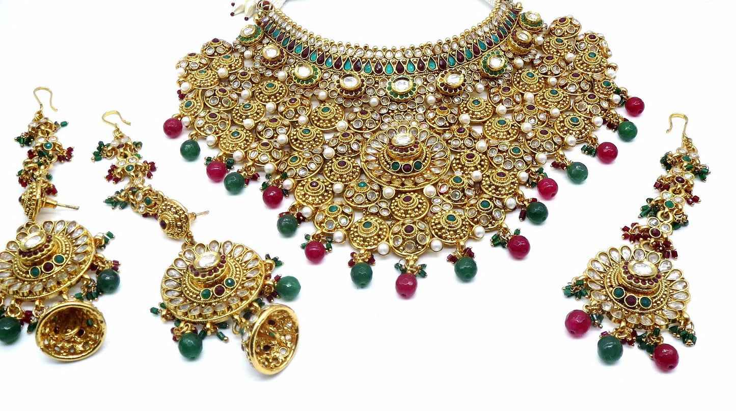 Jewelshingar Jewellery Antique Plated Semi Bridal Choker Necklace With Earrings And Maangtikka For Women ( 92081NEM )