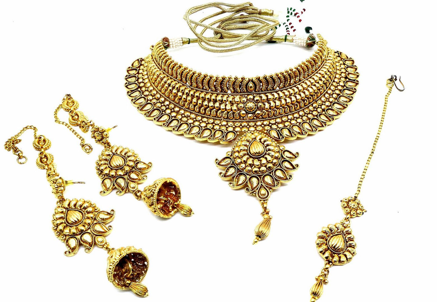 Jewelshingar Jewellery Gold Plated Semi Bridal Choker Necklace With Earrings And Maangtikka For Women ( 92090NEM )