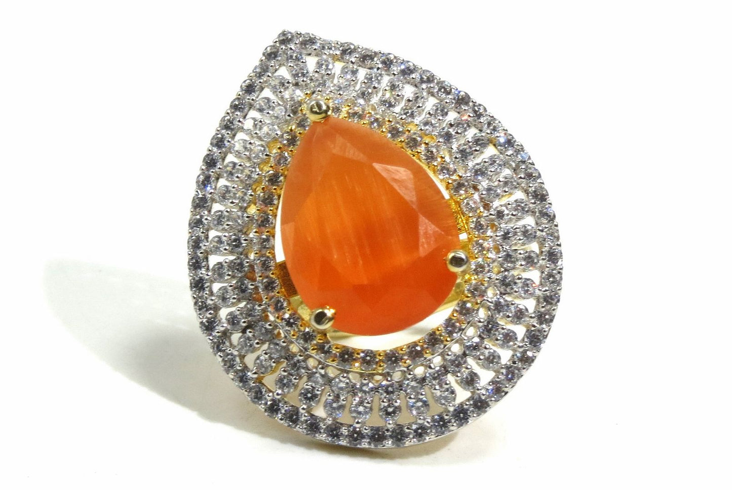 Jewelshingar Jewellery American Diamond Orange Colour Size Freesize Gold Plated Ring For Girls ( 93574FSR )