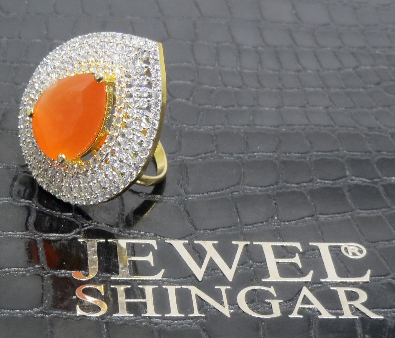 Jewelshingar Jewellery American Diamond Orange Colour Size Freesize Gold Plated Ring For Girls ( 93574FSR )