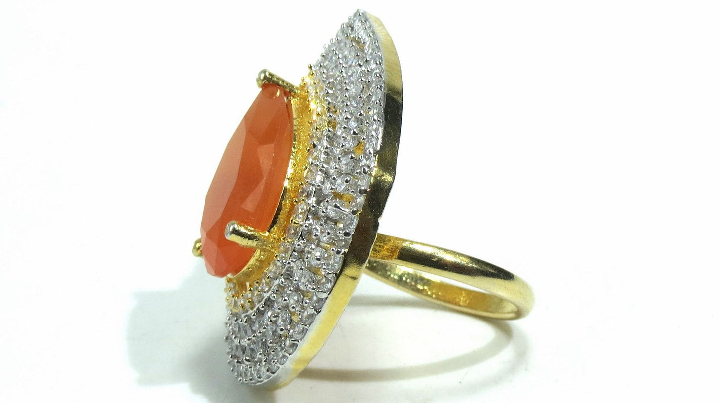 Jewelshingar Jewellery American Diamond Orange Colour Size Freesize Gold Plated Ring For Girls ( 93574FSR )