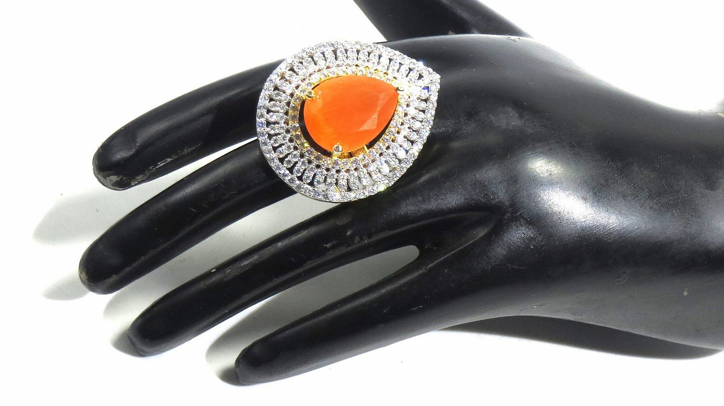 Jewelshingar Jewellery American Diamond Orange Colour Size Freesize Gold Plated Ring For Girls ( 93574FSR )