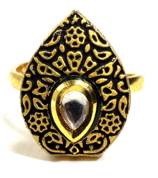 Jewelshingar Jewellery American Diamond Black Colour Size Freesize Gold Plated Ring For Girls ( 93840FSR )