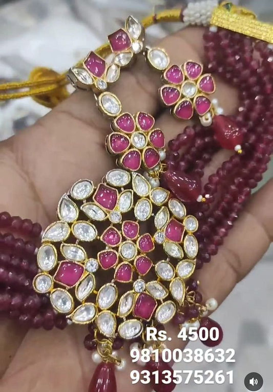 Kundan Necklace In Ruby Colour And Gold Plating By Chokerset NKWA0037