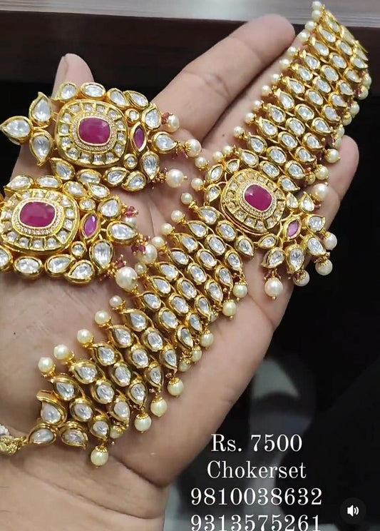 Kundan Necklace In Ruby Colour And Gold Plating By Chokerset NKWA0040