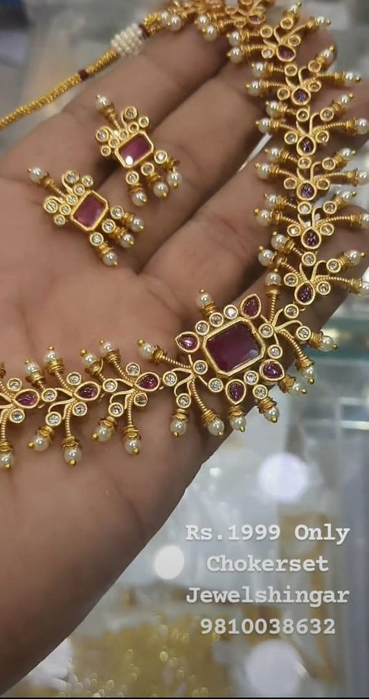 Polki Antique Necklace In Ruby Colour And Gold Plating By Chokerset NKWA0104