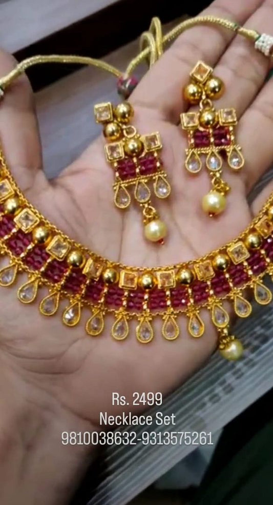 Polki Antique Necklace In Ruby Colour And Gold Plating By Chokerset NKWA0115