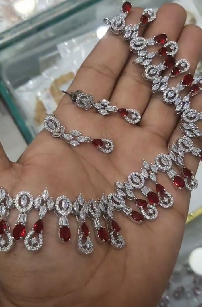 Zircon Necklace In Ruby Colour And Silver Plating By Chokerset NKWA0134