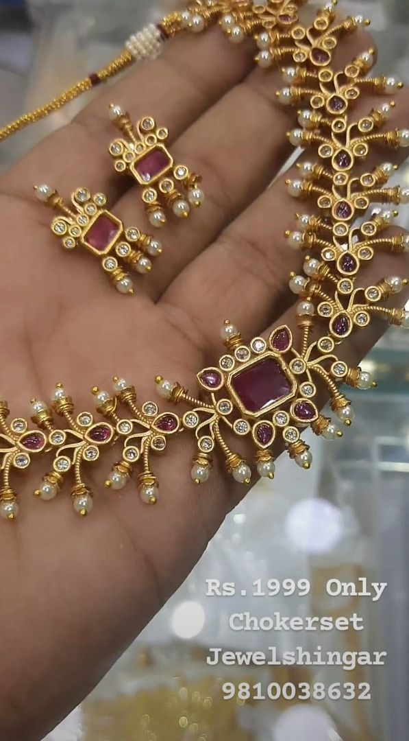 Zircon Necklace In Ruby Colour And Gold Plating By Chokerset NKWA0140