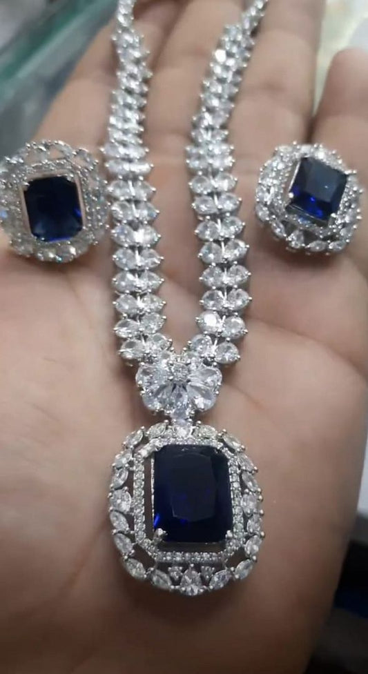 Zircon Necklace In Blue Colour And Silver Plating By Chokerset NKWA0154