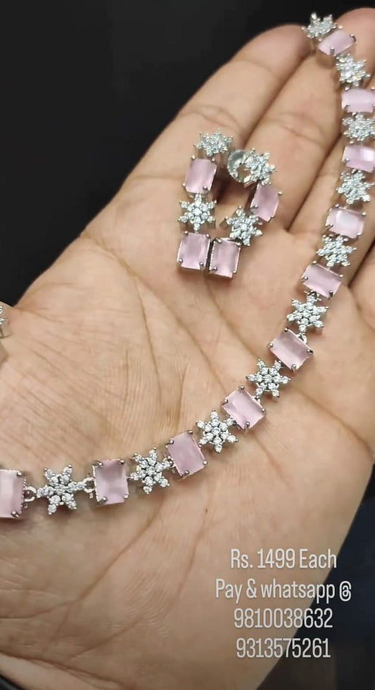 Zircon Necklace In Pink Colour And Silver Plating By Chokerset NKWA0165