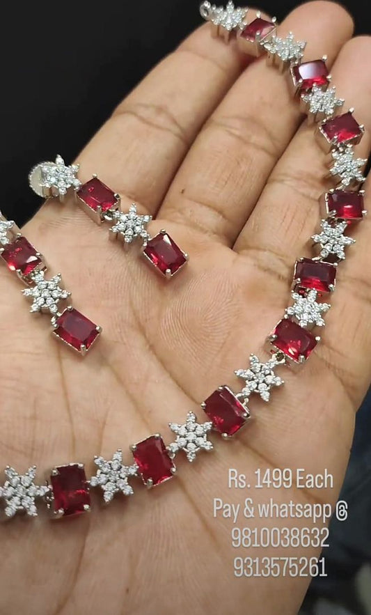 Zircon Necklace In Ruby Colour And Silver Plating By Chokerset NKWA0170