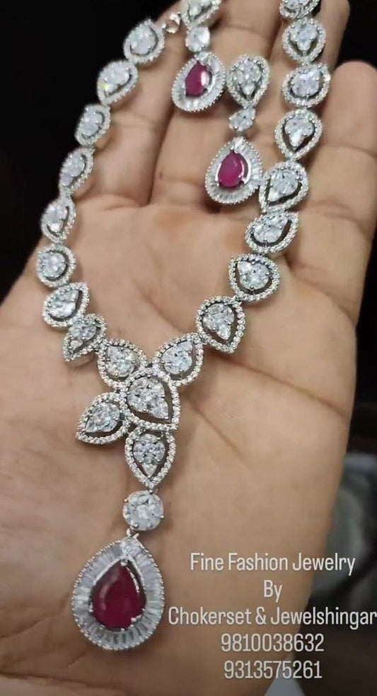 Zircon Necklace In Ruby Colour And Silver Plating By Chokerset NKWA0173