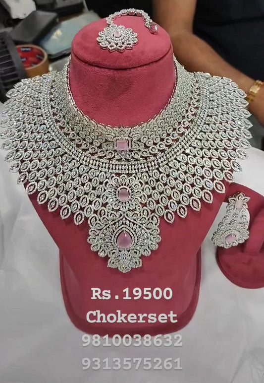 Zircon Necklace In Pink Colour And Silver Plating By Chokerset NKWA0201